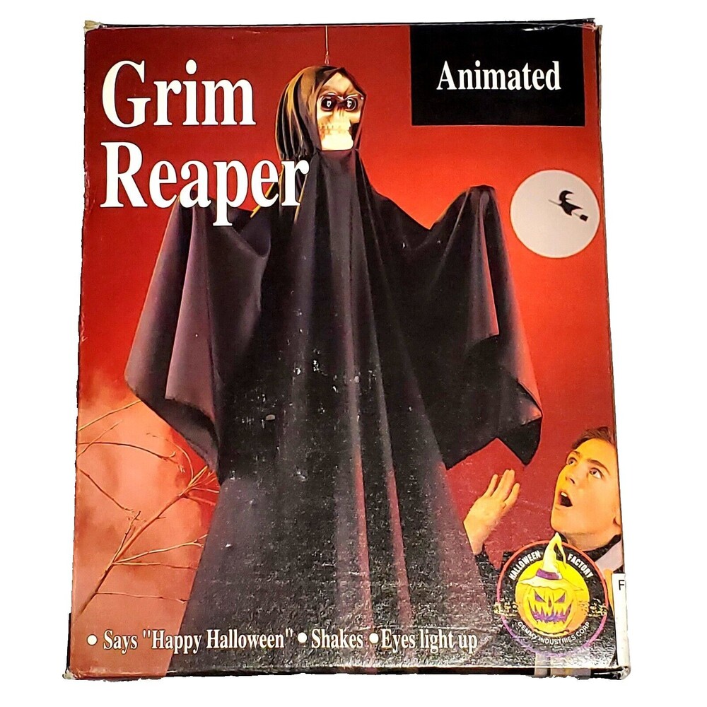 VTG Animated Grim Reaper Hanger Shakes Eyes Glow Red Noise Activated Gemmy 1993